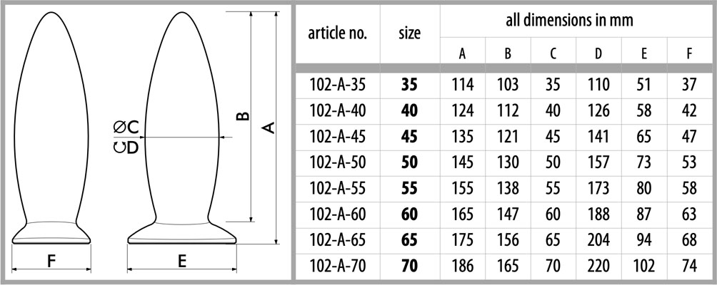 size chart for anal plug menhir